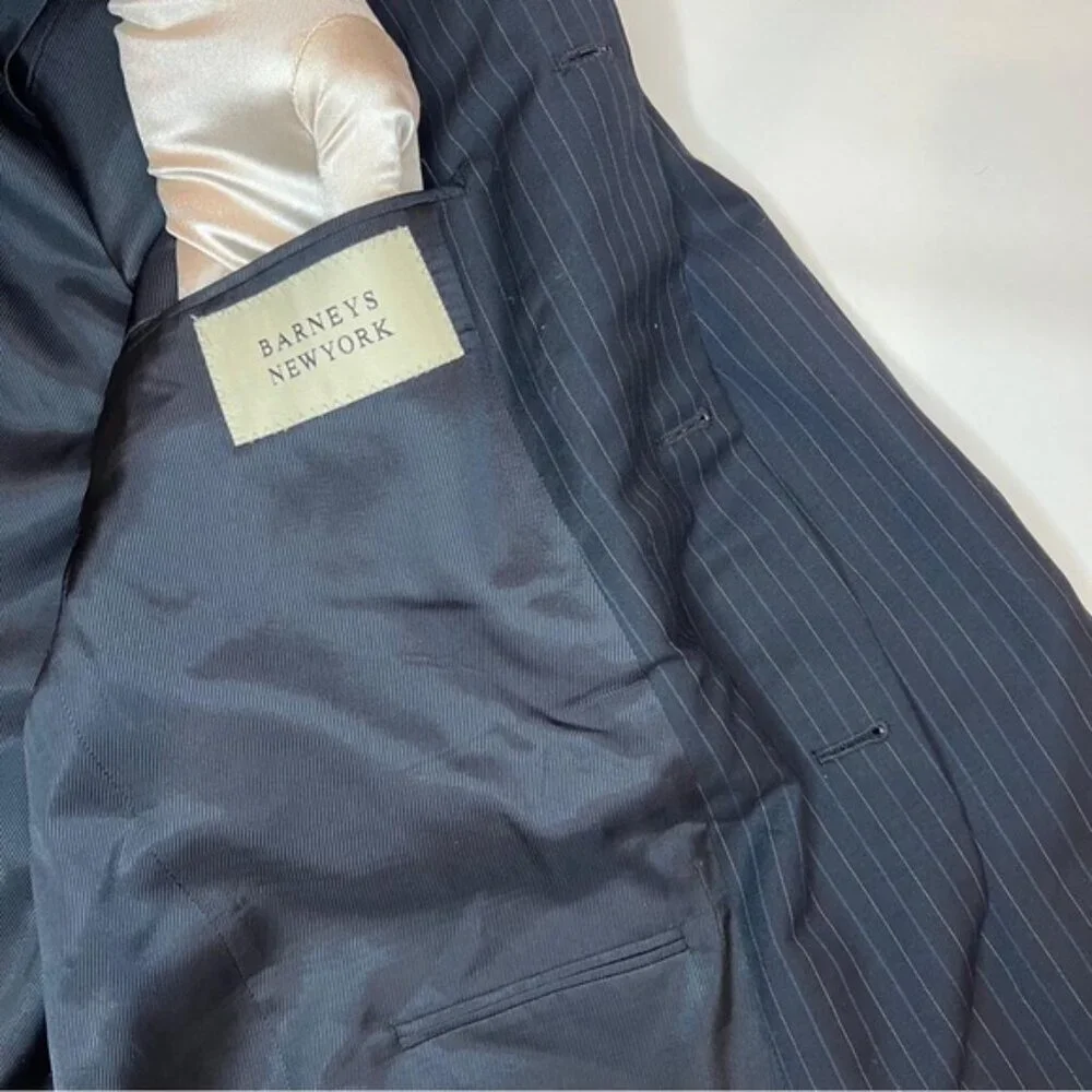 BURBERRY LONDON 100% WOOL Navy Blue Striped Suit Blazer MDL LBS41‎ Size 42 REG
